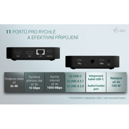 i-tec USB-C Dual HDMI Docking Station with Power Delivery 100W + i-tec Universal Charger 100W