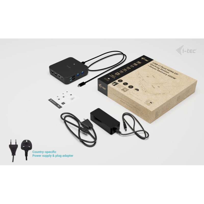 i-tec USB-C DP Dual HDMI Docking Station, Power Delivery 100W + i-tec Universal Charger 100W