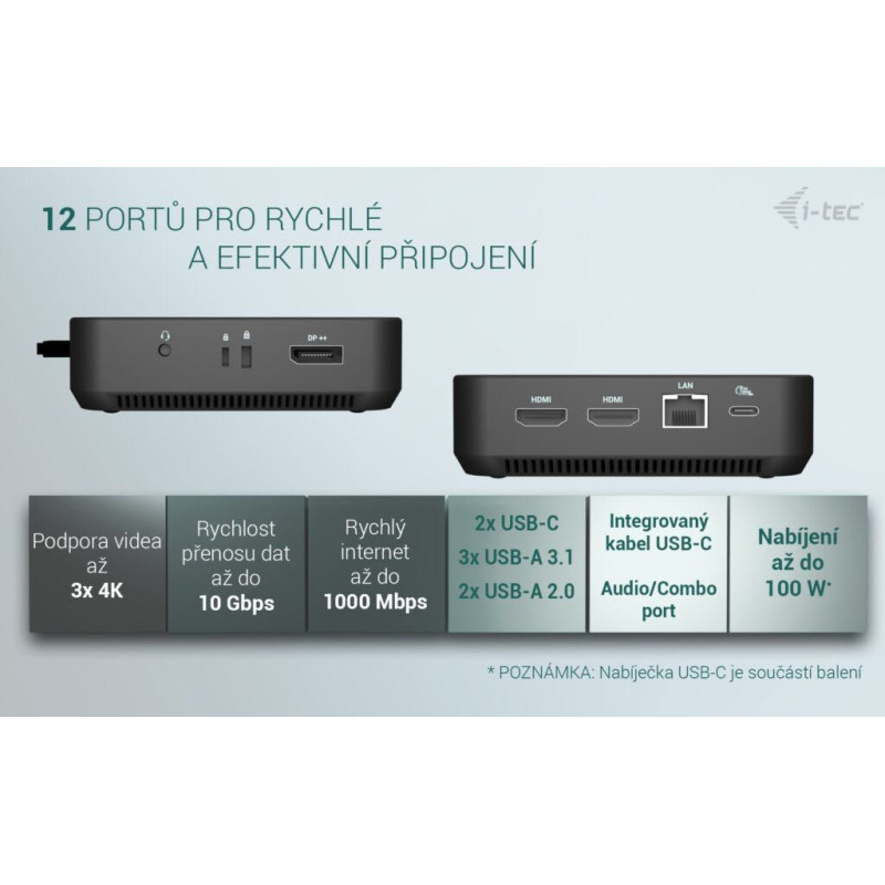 i-tec USB-C DP Dual HDMI Docking Station, Power Delivery 100W + i-tec Universal Charger 100W