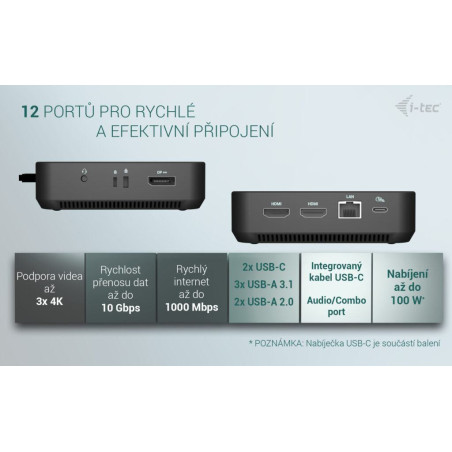 i-tec USB-C DP Dual HDMI Docking Station, Power Delivery 100W + i-tec Universal Charger 100W