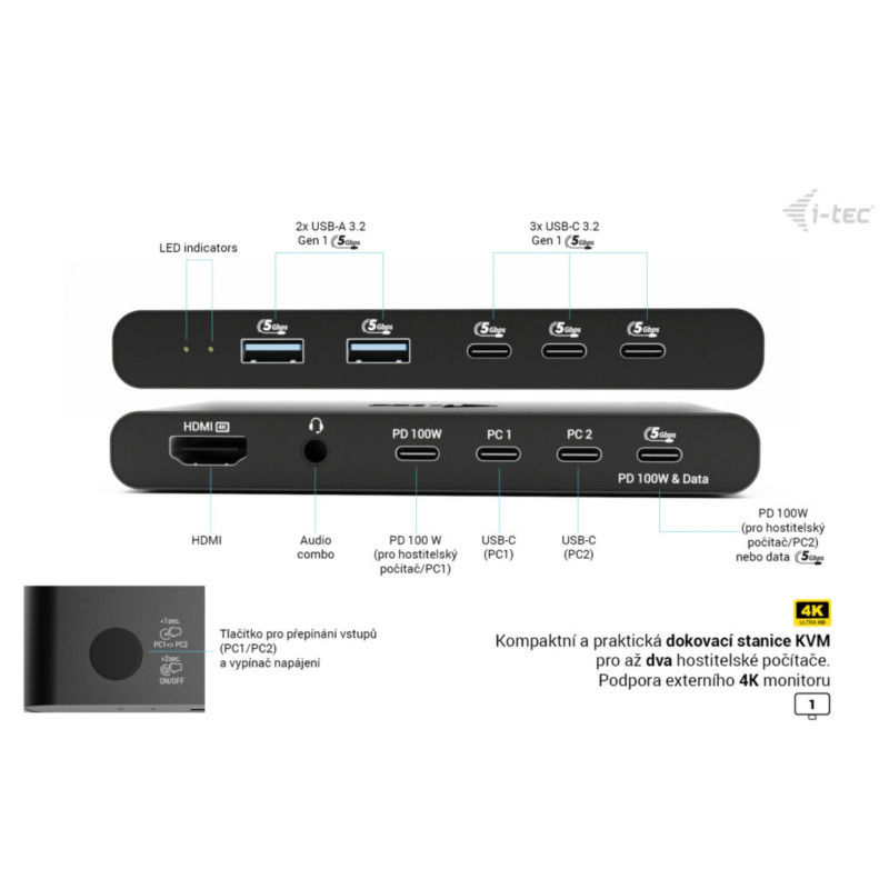 i-tec KVM Docking Station HDMI pre 2 hosty, Power Delivery 2x 100W