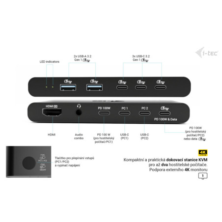 i-tec KVM Docking Station HDMI pre 2 hosty, Power Delivery 2x 100W