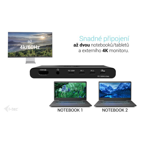i-tec KVM Docking Station HDMI pre 2 hosty, Power Delivery 2x 100W