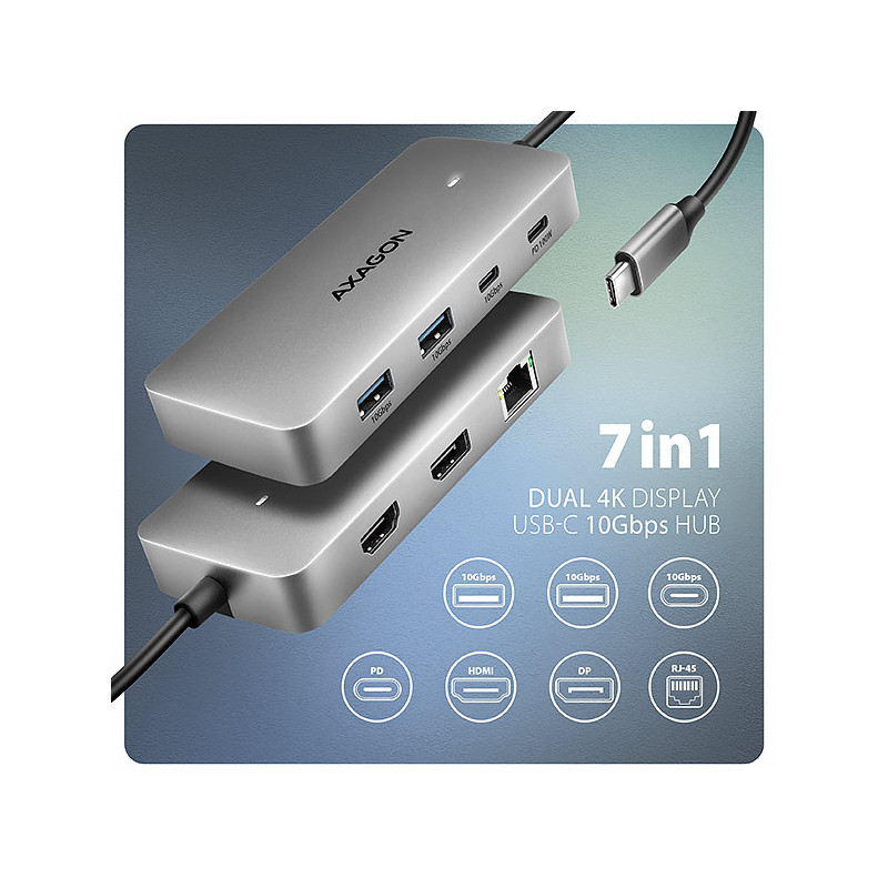 AXAGON HMC-CUB83X2, USB 10Gbps hub, 2x USB-A, USB-C, HDMI & DP 4k/144Hz, RJ-45, PD 100W, kábel 15cm