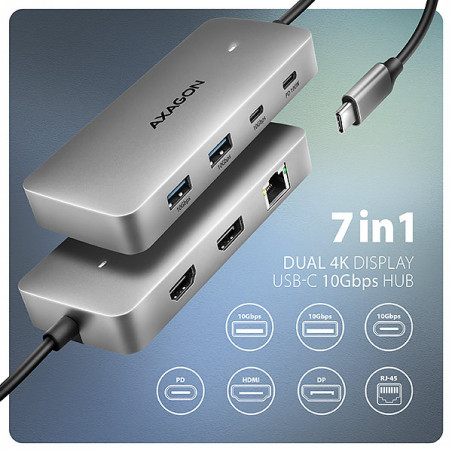 AXAGON HMC-CUB83X2, USB 10Gbps hub, 2x USB-A, USB-C, HDMI & DP 4k/144Hz, RJ-45, PD 100W, kábel 15cm