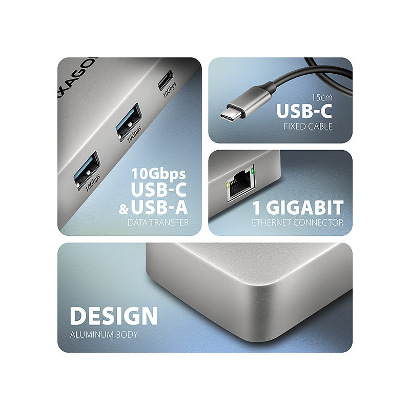 AXAGON HMC-CUB83X2, USB 10Gbps hub, 2x USB-A, USB-C, HDMI & DP 4k/144Hz, RJ-45, PD 100W, kábel 15cm