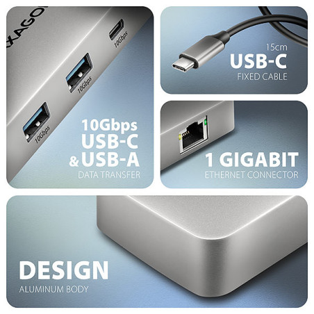 AXAGON HMC-CUB83X2, USB 10Gbps hub, 2x USB-A, USB-C, HDMI & DP 4k/144Hz, RJ-45, PD 100W, kábel 15cm