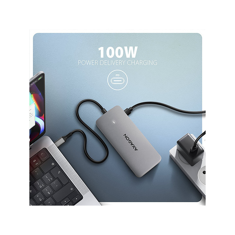 AXAGON HMC-CUB83X2, USB 10Gbps hub, 2x USB-A, USB-C, HDMI & DP 4k/144Hz, RJ-45, PD 100W, kábel 15cm