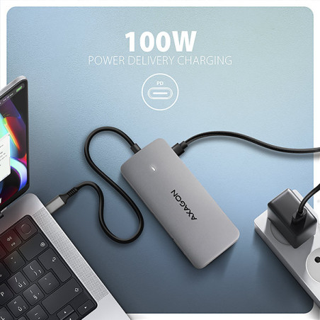 AXAGON HMC-CUB83X2, USB 10Gbps hub, 2x USB-A, USB-C, HDMI & DP 4k/144Hz, RJ-45, PD 100W, kábel 15cm