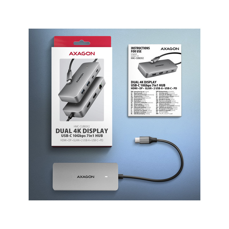 AXAGON HMC-CUB83X2, USB 10Gbps hub, 2x USB-A, USB-C, HDMI & DP 4k/144Hz, RJ-45, PD 100W, kábel 15cm