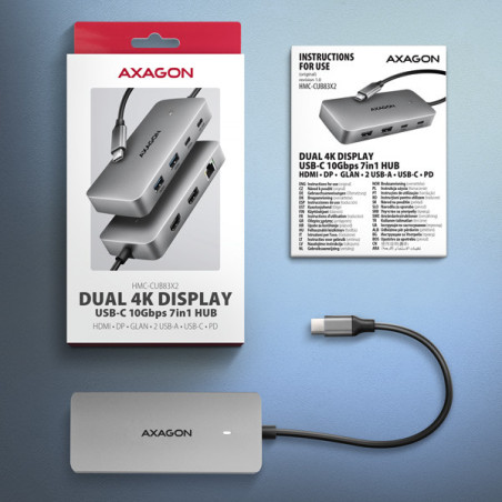 AXAGON HMC-CUB83X2, USB 10Gbps hub, 2x USB-A, USB-C, HDMI & DP 4k/144Hz, RJ-45, PD 100W, kábel 15cm