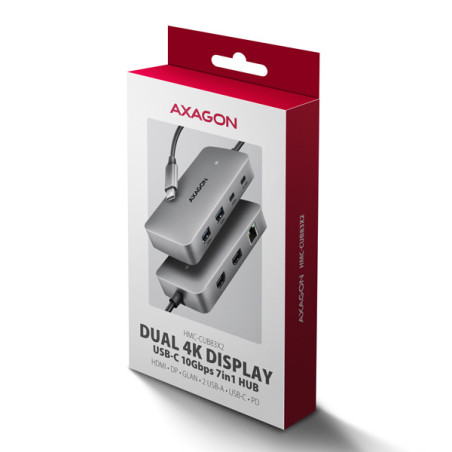 AXAGON HMC-CUB83X2, USB 10Gbps hub, 2x USB-A, USB-C, HDMI & DP 4k/144Hz, RJ-45, PD 100W, kábel 15cm