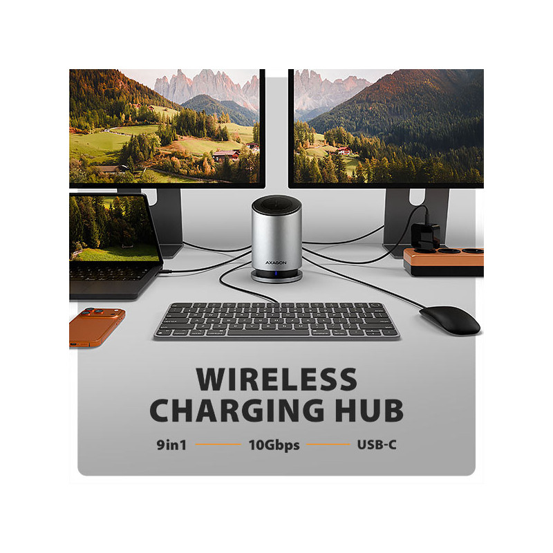 AXAGON HMC-WL9, USB 10Gbps hub s Qi, 3x USB-A, USB-C, HDMI a DP 4k/60Hz, RJ-45, PD 100W, kábel 60cm