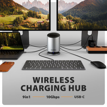 AXAGON HMC-WL9, USB 10Gbps hub s Qi, 3x USB-A, USB-C, HDMI a DP 4k/60Hz, RJ-45, PD 100W, kábel 60cm