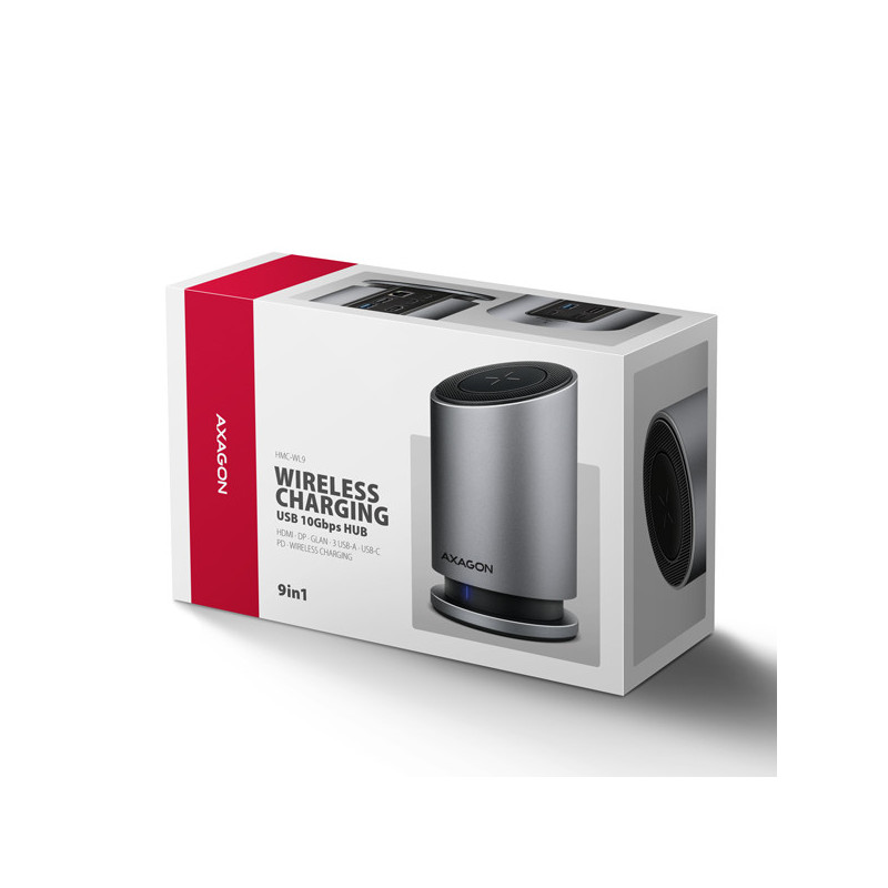 AXAGON HMC-WL9, USB 10Gbps hub s Qi, 3x USB-A, USB-C, HDMI a DP 4k/60Hz, RJ-45, PD 100W, kábel 60cm