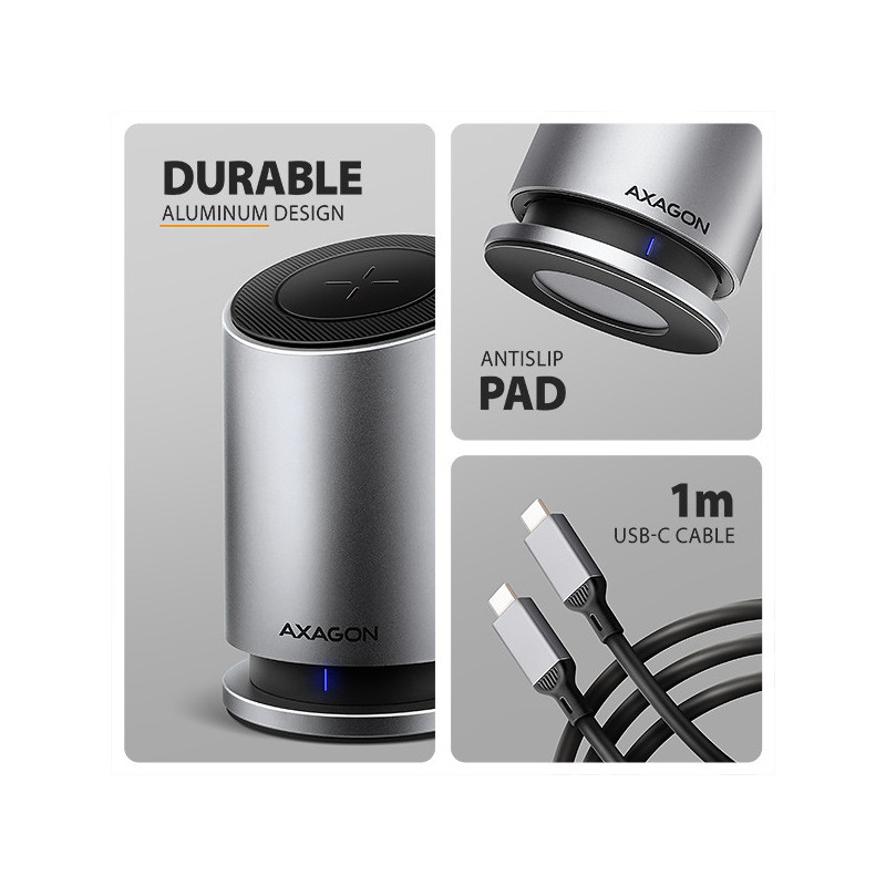 AXAGON HMC-WL9, USB 10Gbps hub s Qi, 3x USB-A, USB-C, HDMI a DP 4k/60Hz, RJ-45, PD 100W, kábel 60cm