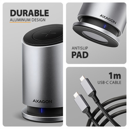 AXAGON HMC-WL9, USB 10Gbps hub s Qi, 3x USB-A, USB-C, HDMI a DP 4k/60Hz, RJ-45, PD 100W, kábel 60cm
