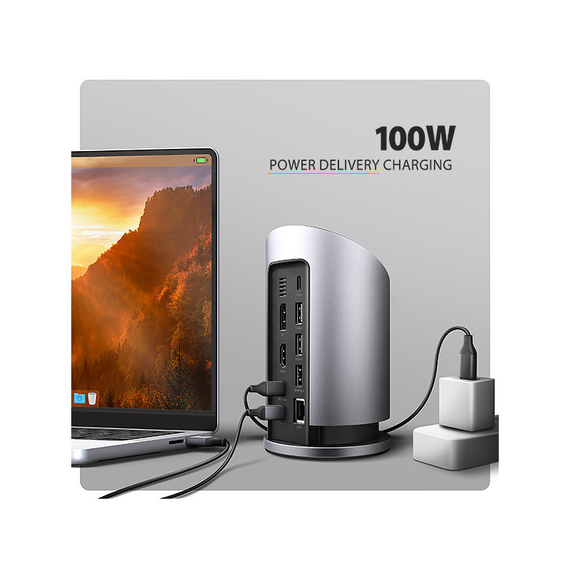 AXAGON HMC-WL9, USB 10Gbps hub s Qi, 3x USB-A, USB-C, HDMI a DP 4k/60Hz, RJ-45, PD 100W, kábel 60cm