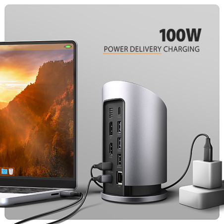 AXAGON HMC-WL9, USB 10Gbps hub s Qi, 3x USB-A, USB-C, HDMI a DP 4k/60Hz, RJ-45, PD 100W, kábel 60cm