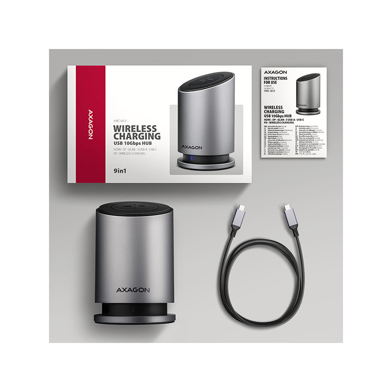 AXAGON HMC-WL9, USB 10Gbps hub s Qi, 3x USB-A, USB-C, HDMI a DP 4k/60Hz, RJ-45, PD 100W, kábel 60cm