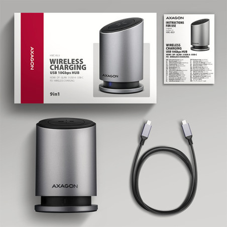 AXAGON HMC-WL9, USB 10Gbps hub s Qi, 3x USB-A, USB-C, HDMI a DP 4k/60Hz, RJ-45, PD 100W, kábel 60cm