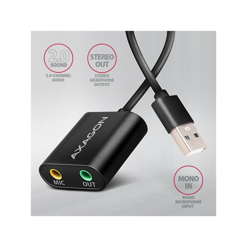 AXAGON ADA-12, USB 2.0 - externá zvuková karta, 48kHz/16-bit stereo, kovová, kábel USB-A 15 cm