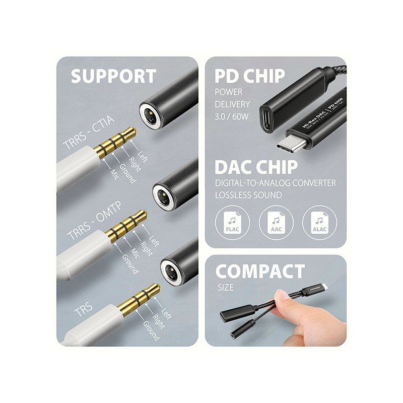 AXAGON ADA-HCPD, USB-C na 3.5mm jack - Hi-Res DAC audio adaptér, 384kHz/32bit, stereo, PD 60W 3A