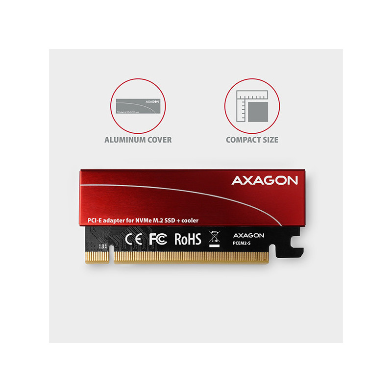 AXAGON PCEM2-S, PCIe x16 - M.2 NVMe M-key slot adaptér, kovový kryt pre pasívne chladenie