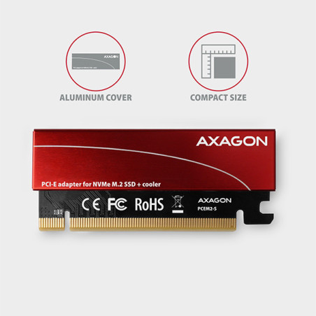 AXAGON PCEM2-S, PCIe x16 - M.2 NVMe M-key slot adaptér, kovový kryt pre pasívne chladenie