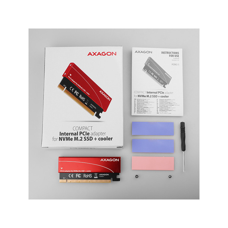 AXAGON PCEM2-S, PCIe x16 - M.2 NVMe M-key slot adaptér, kovový kryt pre pasívne chladenie