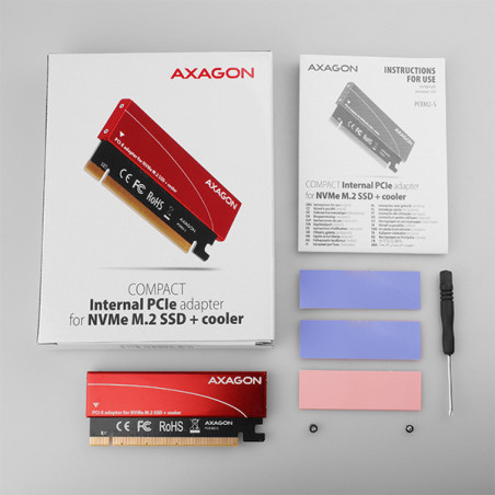 AXAGON PCEM2-S, PCIe x16 - M.2 NVMe M-key slot adaptér, kovový kryt pre pasívne chladenie