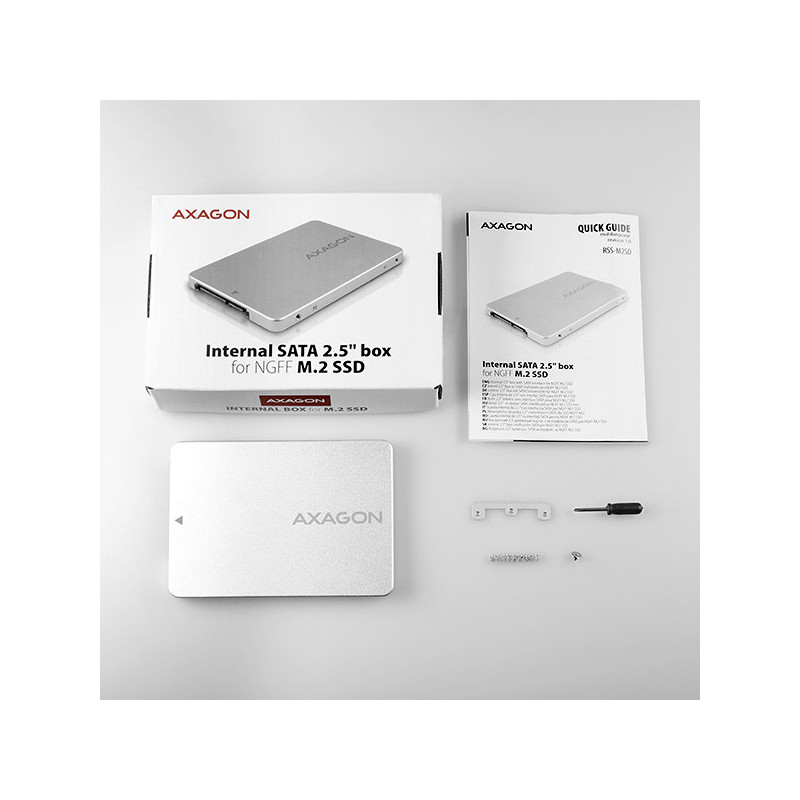AXAGON RSS-M2SD, SATA - M.2 SATA SSD, interný 2.5" ALU box, strieborný