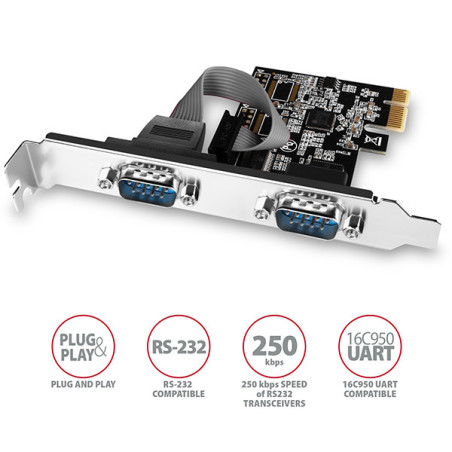 AXAGON PCEA-S2N, PCIe radič - 2x sériový port (RS232) 250 kbps, vr. LP
