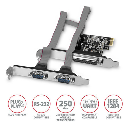 AXAGON PCEA-PSN, PCIe radič - 1x paralelný (LPT) + 2x sériový port (RS232) 250 kbps, vr. LP