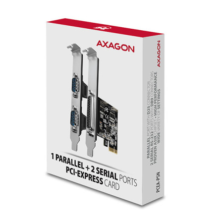 AXAGON PCEA-PSN, PCIe radič - 1x paralelný (LPT) + 2x sériový port (RS232) 250 kbps, vr. LP