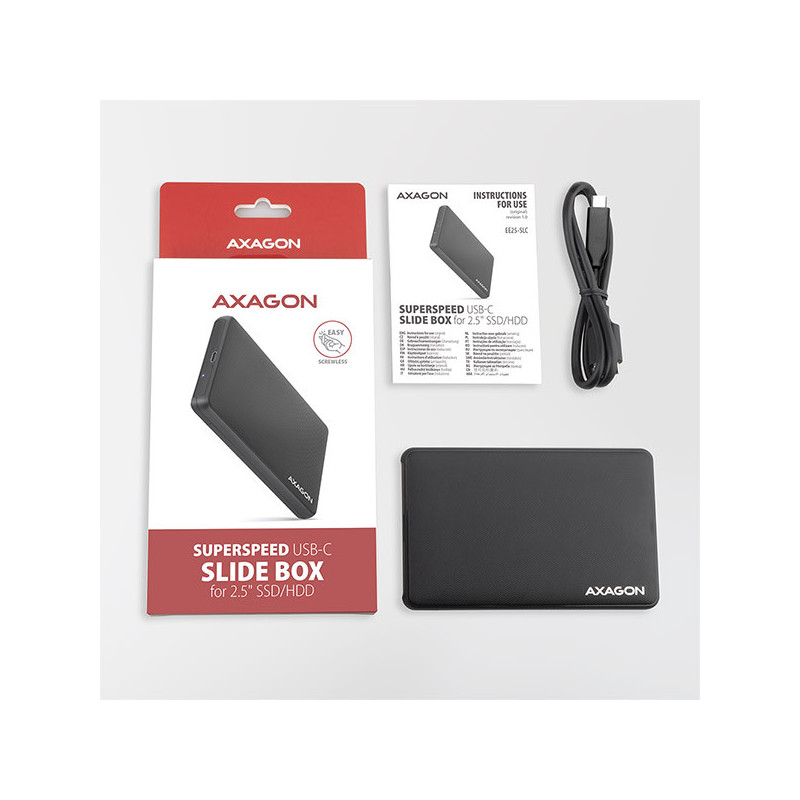 AXAGON EE25-SLC, USB-C 3.2 Gen 1 - SATA 6G 2.5" SLIDE box, bezskrutkový, čierny