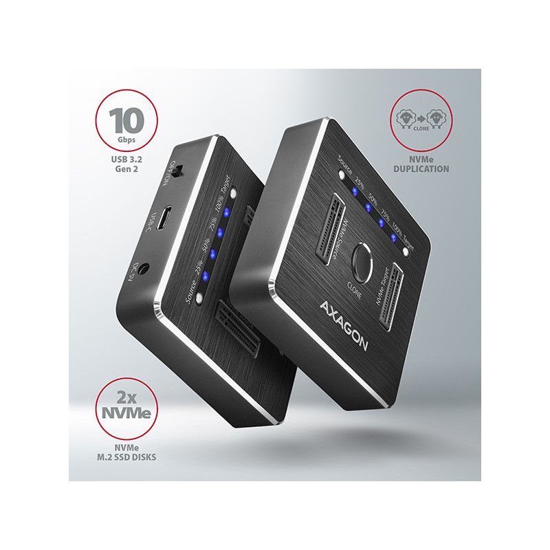 AXAGON ADSA-M2C, USB-C 3.2 Gen 2 - 2x M.2 NVMe SSD CLONE MASTER dokovacia stanica