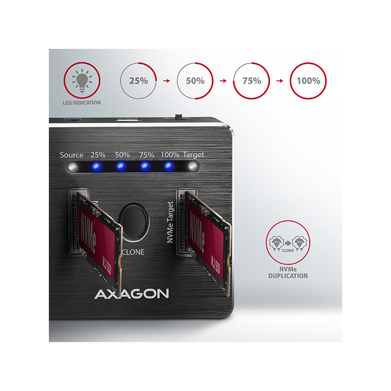 AXAGON ADSA-M2C, USB-C 3.2 Gen 2 - 2x M.2 NVMe SSD CLONE MASTER dokovacia stanica