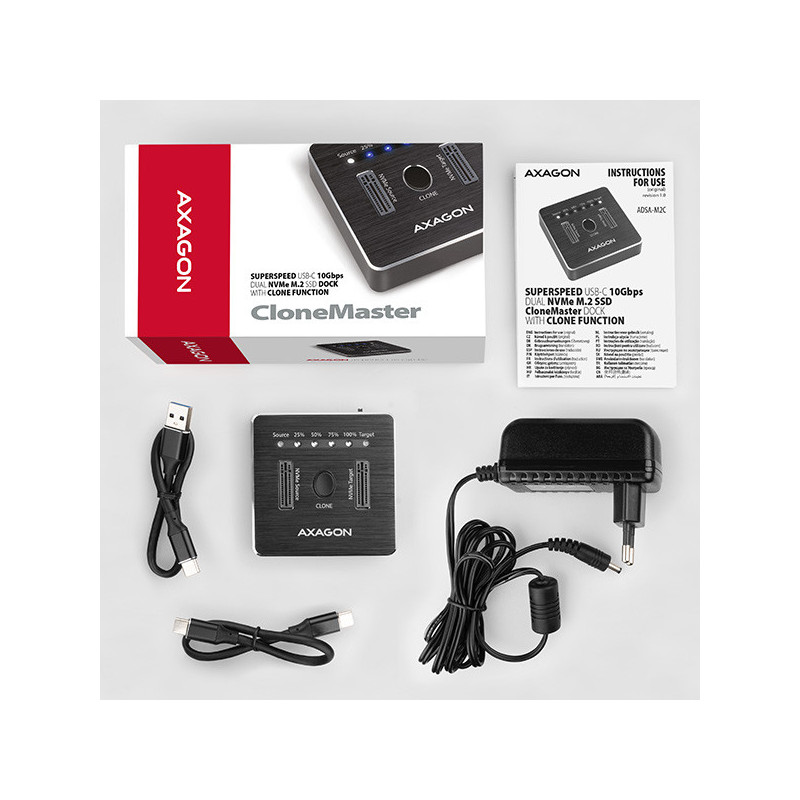 AXAGON ADSA-M2C, USB-C 3.2 Gen 2 - 2x M.2 NVMe SSD CLONE MASTER dokovacia stanica