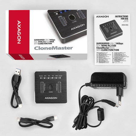 AXAGON ADSA-M2C, USB-C 3.2 Gen 2 - 2x M.2 NVMe SSD CLONE MASTER dokovacia stanica