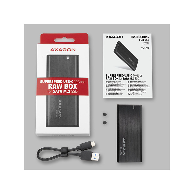 AXAGON EEM2-SBC, USB-C 3.2 Gen 2 - M.2 SATA SSD kovový RAW box, bezskrutkový