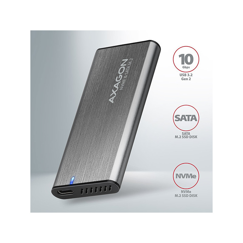 AXAGON EEM2-SG2, USB-C 3.2 Gen 2 - M.2 NVMe & SATA SSD kovový RAW box, bezskrutkový, strieborný