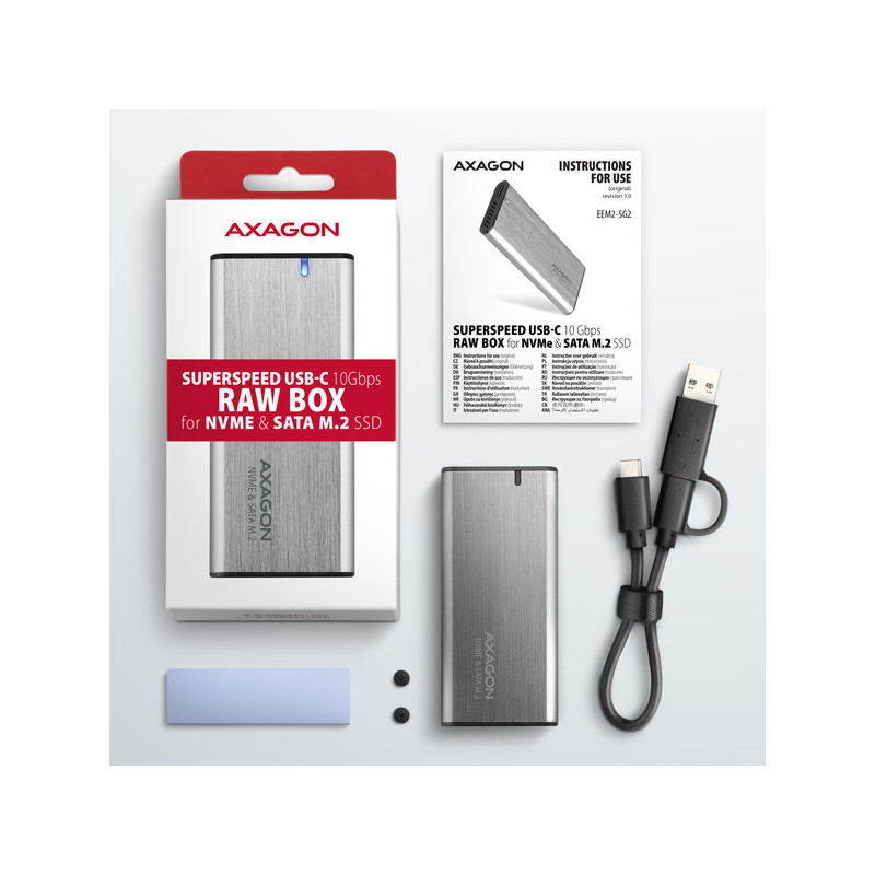 AXAGON EEM2-SG2, USB-C 3.2 Gen 2 - M.2 NVMe & SATA SSD kovový RAW box, bezskrutkový, strieborný