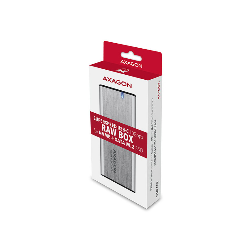 AXAGON EEM2-SG2, USB-C 3.2 Gen 2 - M.2 NVMe & SATA SSD kovový RAW box, bezskrutkový, strieborný