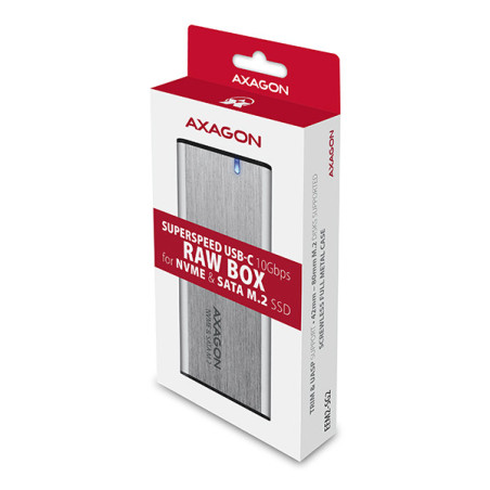 AXAGON EEM2-SG2, USB-C 3.2 Gen 2 - M.2 NVMe & SATA SSD kovový RAW box, bezskrutkový, strieborný