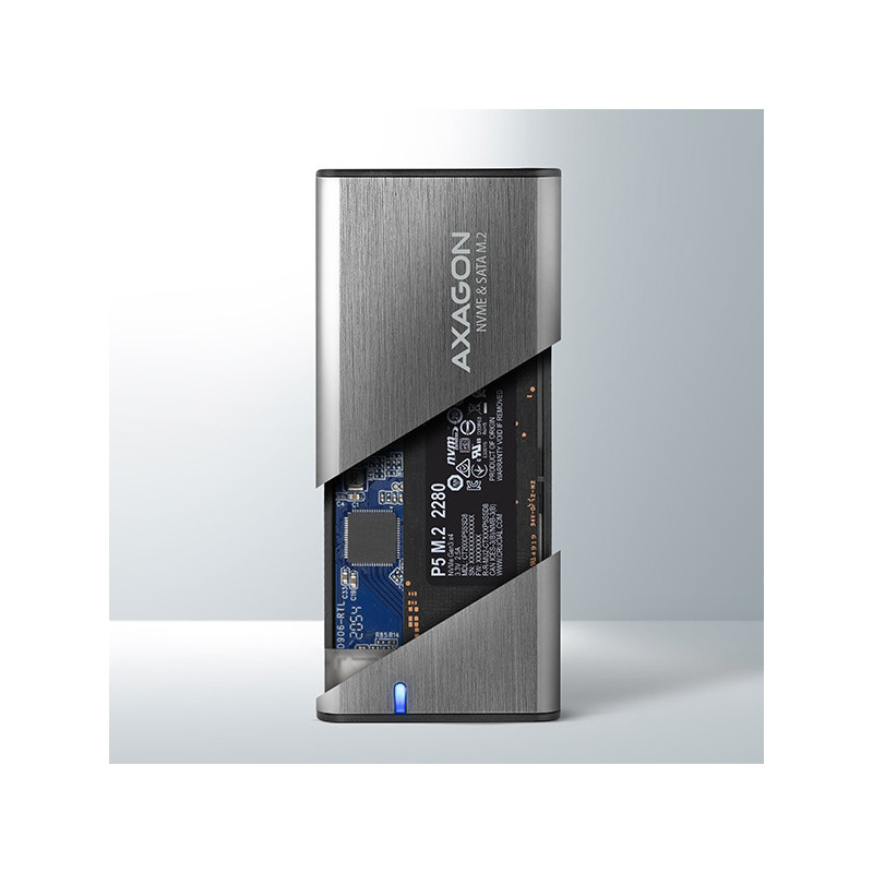 AXAGON EEM2-SG2, USB-C 3.2 Gen 2 - M.2 NVMe & SATA SSD kovový RAW box, bezskrutkový, strieborný