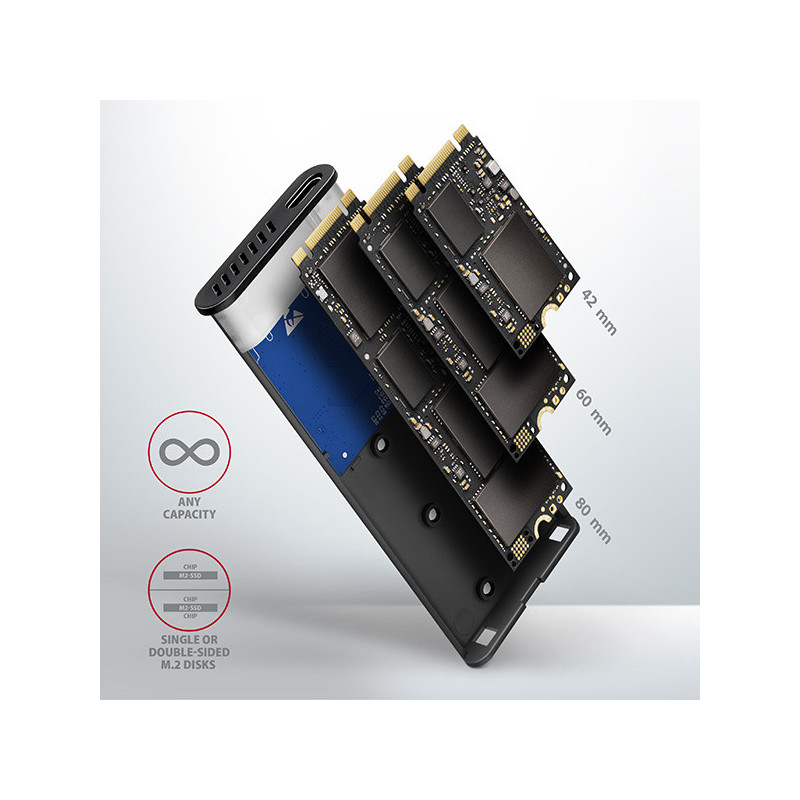 AXAGON EEM2-SG2, USB-C 3.2 Gen 2 - M.2 NVMe & SATA SSD kovový RAW box, bezskrutkový, strieborný