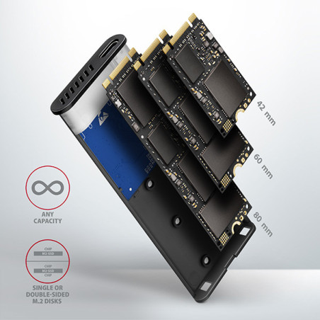 AXAGON EEM2-SG2, USB-C 3.2 Gen 2 - M.2 NVMe & SATA SSD kovový RAW box, bezskrutkový, strieborný