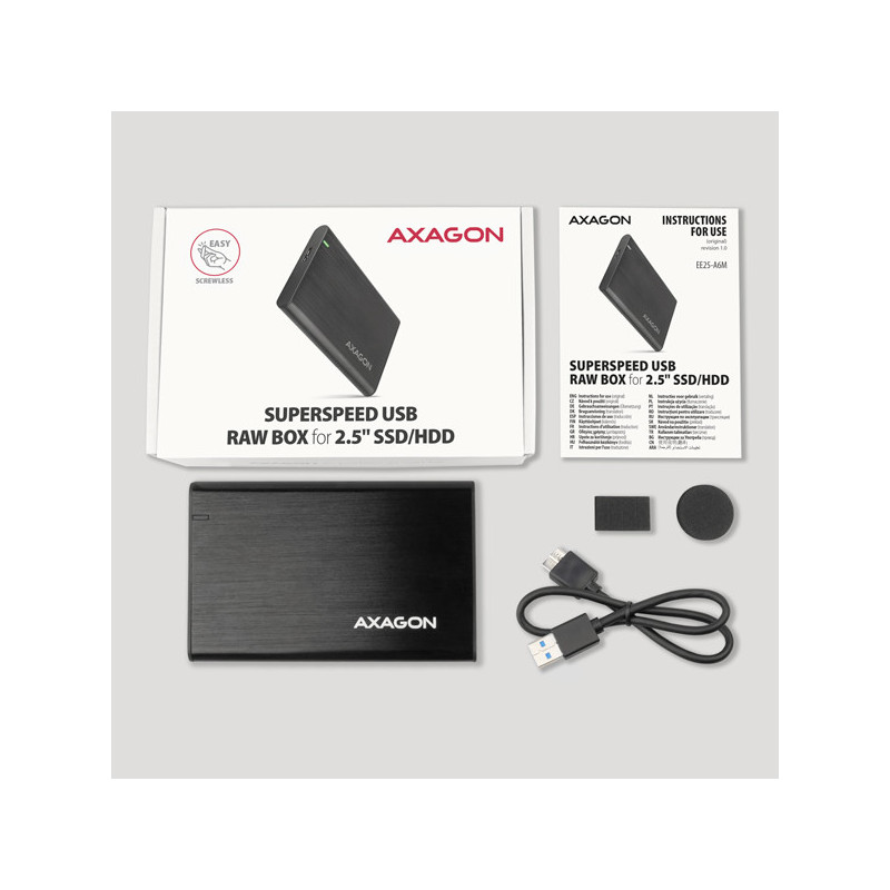AXAGON EE25-A6M, USB 3.2 Gen 1 - SATA 6G 2.5" kovový RAW box, bezskrutkový