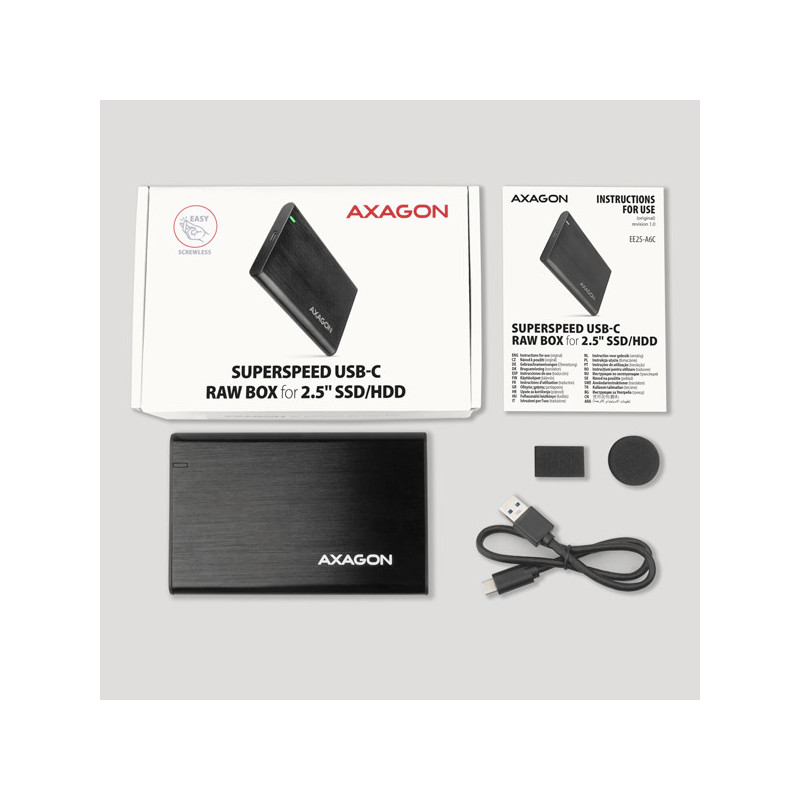 AXAGON EE25-A6C, USB-C 3.2 Gen 1 - SATA 6G 2.5" kovový RAW box, bezskrutkový